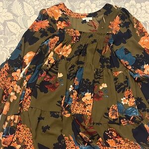 Umgee Olive Floral Dress with Orange and Navy Accents medium